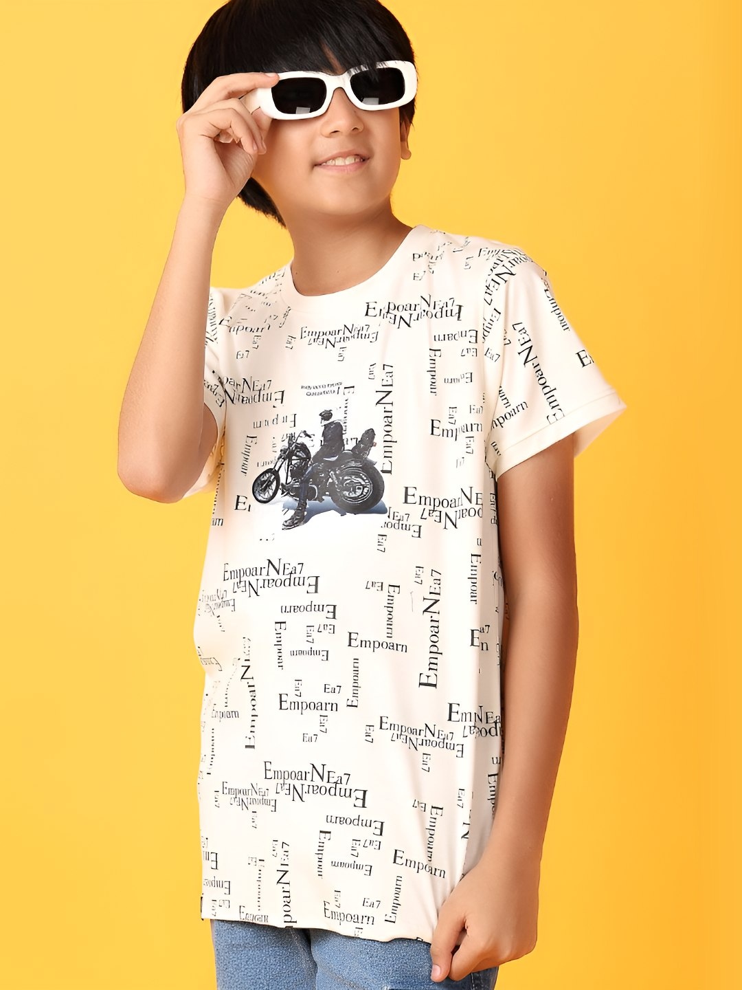 

V-Mart Boys Biker Printed Round Neck Cotton T-Shirt, White