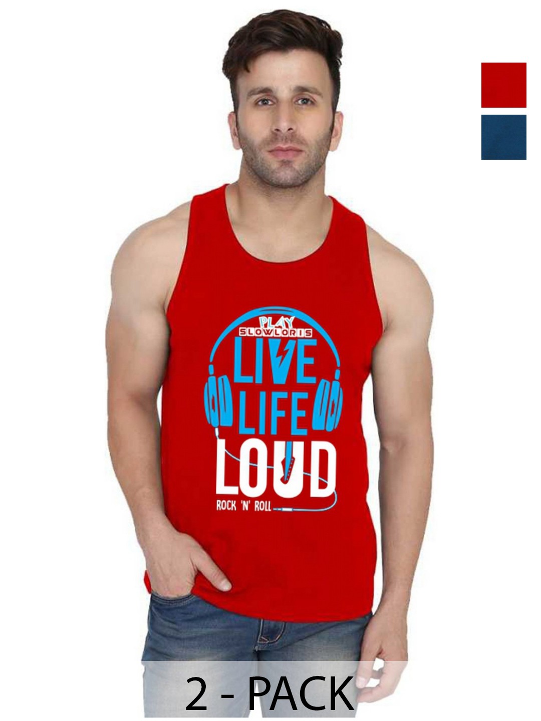 

SLOWLORIS Men Pack Of 2 Typography Printed Round Neck Cotton Slim Fit T-Shirts, Red
