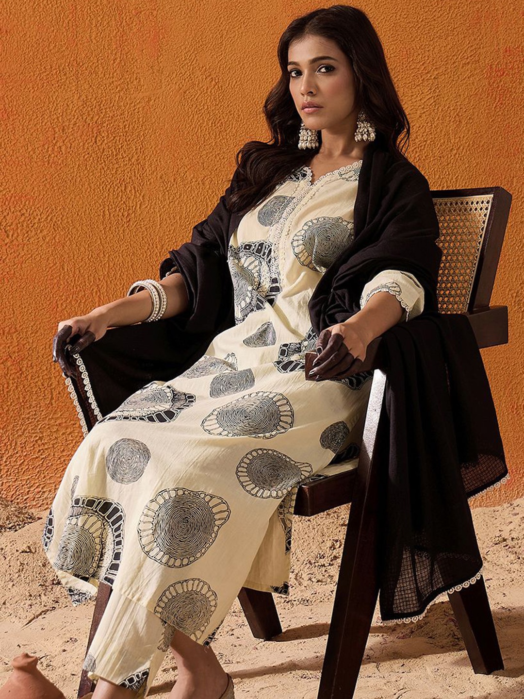 

Indo Era Geometric Printed Sequinned Pure Cotton Straight Kurta with Trousers & Dupatta, Cream