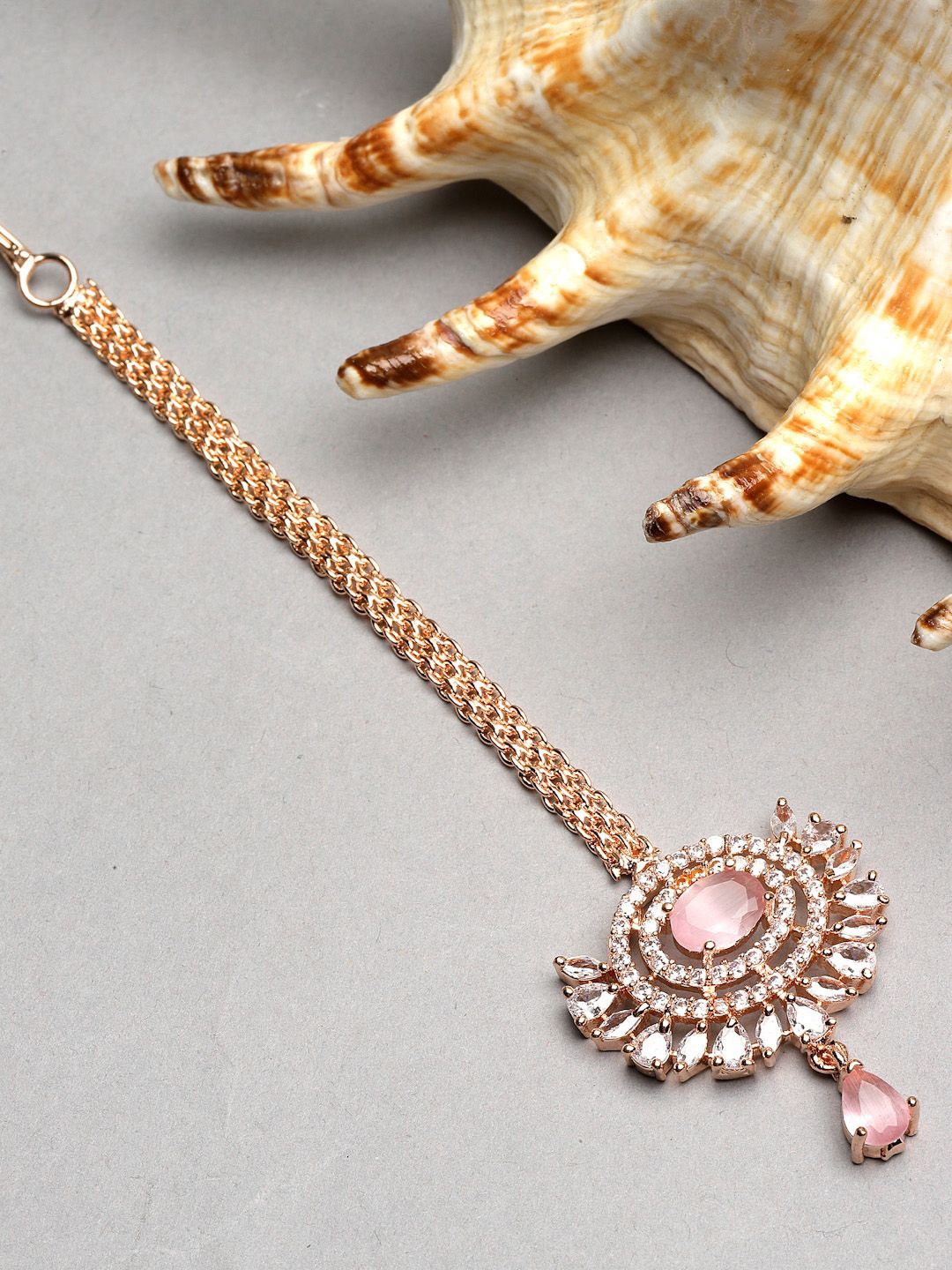 

ZENEME Rose Gold-Plated Crystal & American Diamond Studded Maang Tikka Head Jewellery