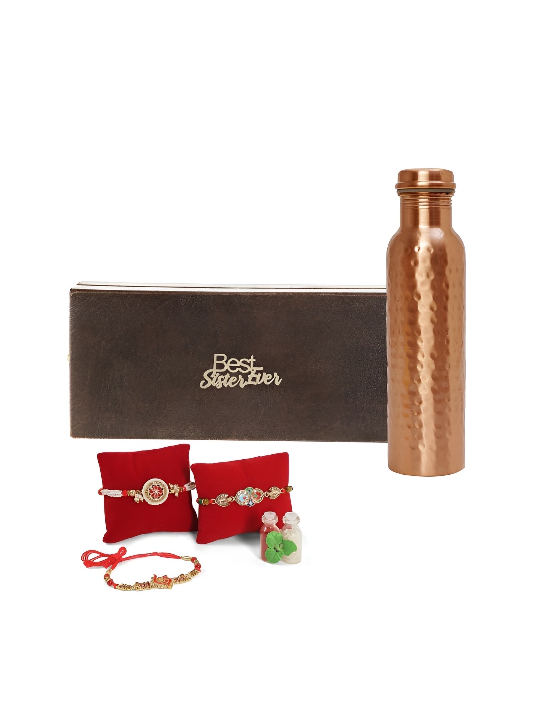 

INTERNATIONAL GIFT Set Of 4 Rakhis With Copper Water Bottle & Roli Chawal, Red