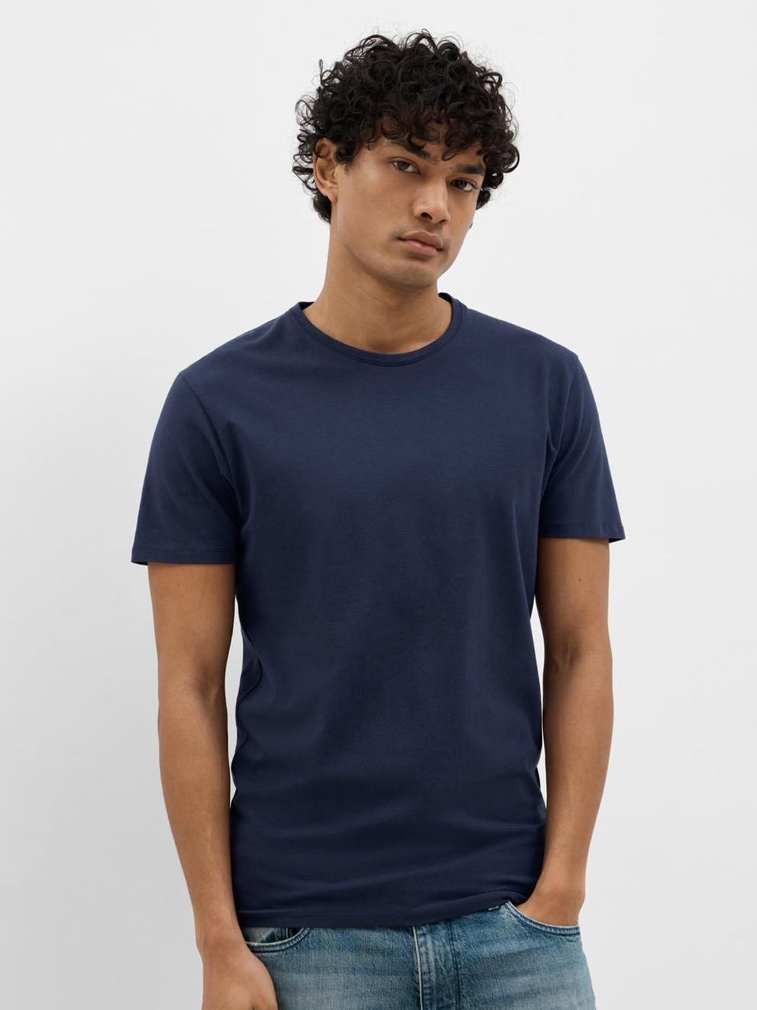 

SELECTED Men Solid Round Neck Cotton T-Shirt, Blue