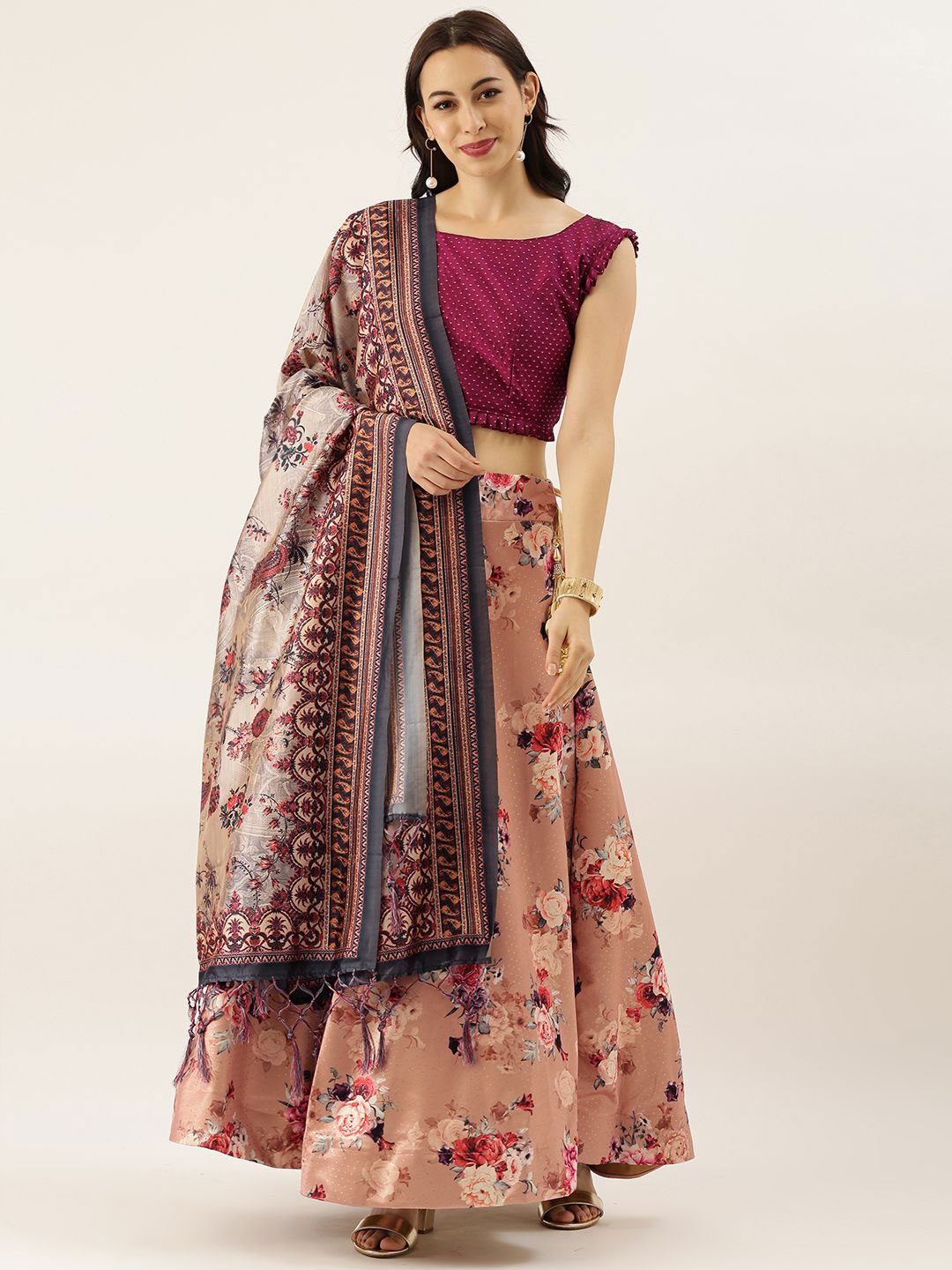 

Kaizen TEXO FAB Printed Semi-Stitched Lehenga & Unstitched Blouse With Dupatta, Brown