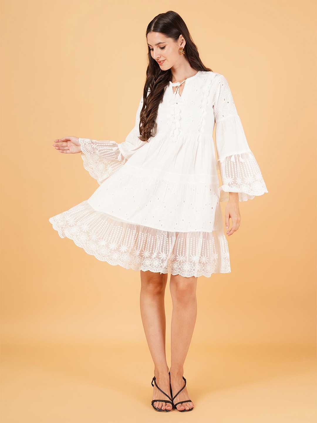 

IX IMPRESSION Bell Sleeve with Pom-Pom Detail A-Line Dress, White