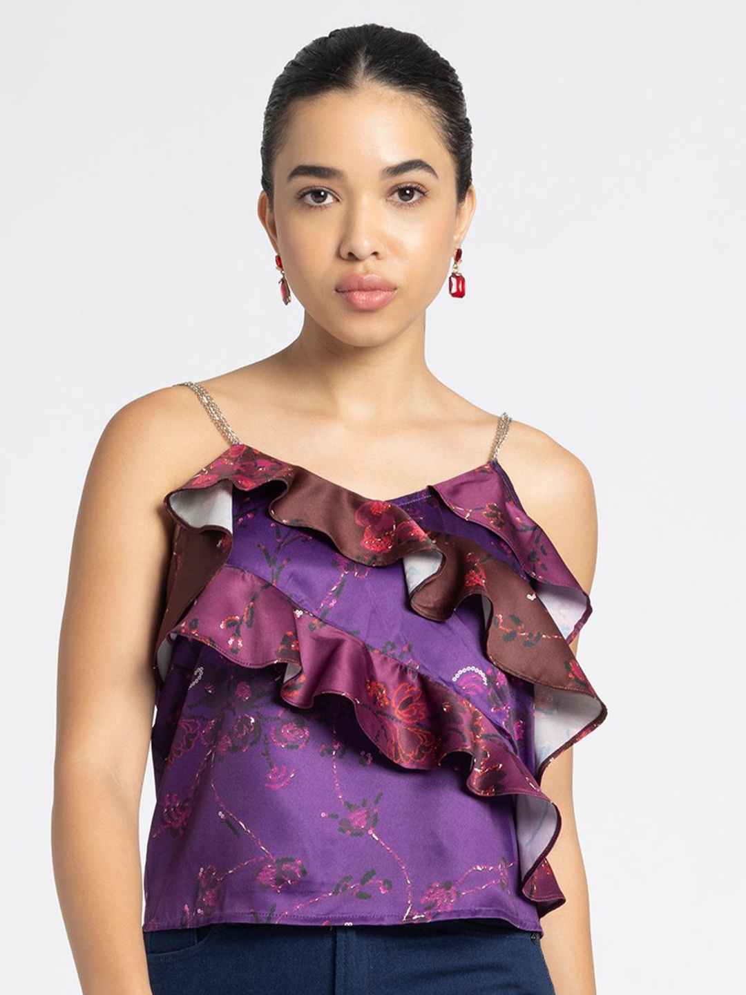 

SHAYE Satin Women Floral Printed Shoulder Straps Top, Purple