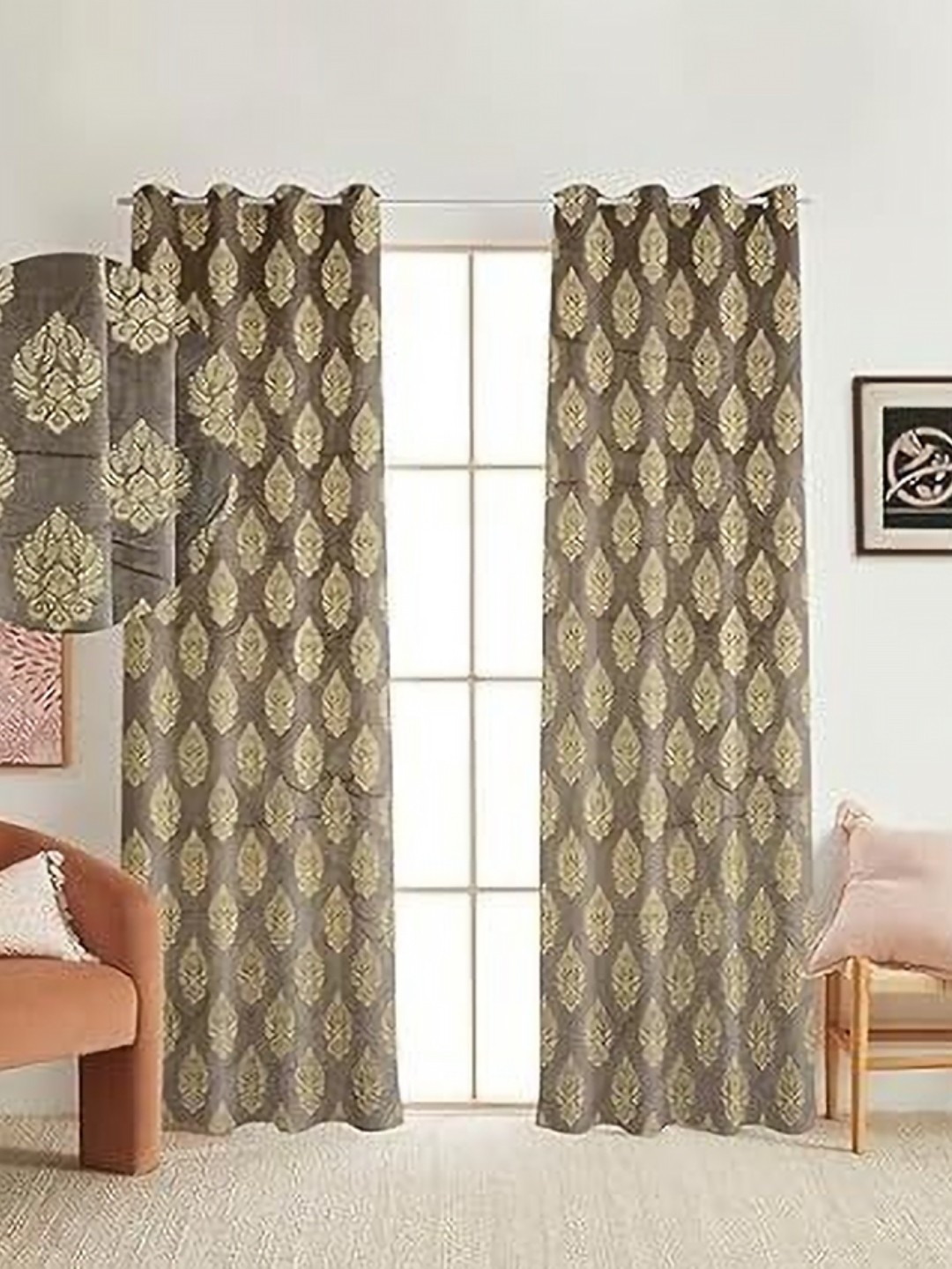 

Banchmark Home Furnishings Grey & Gold-Toned Set of 2 Floral Door Curtain