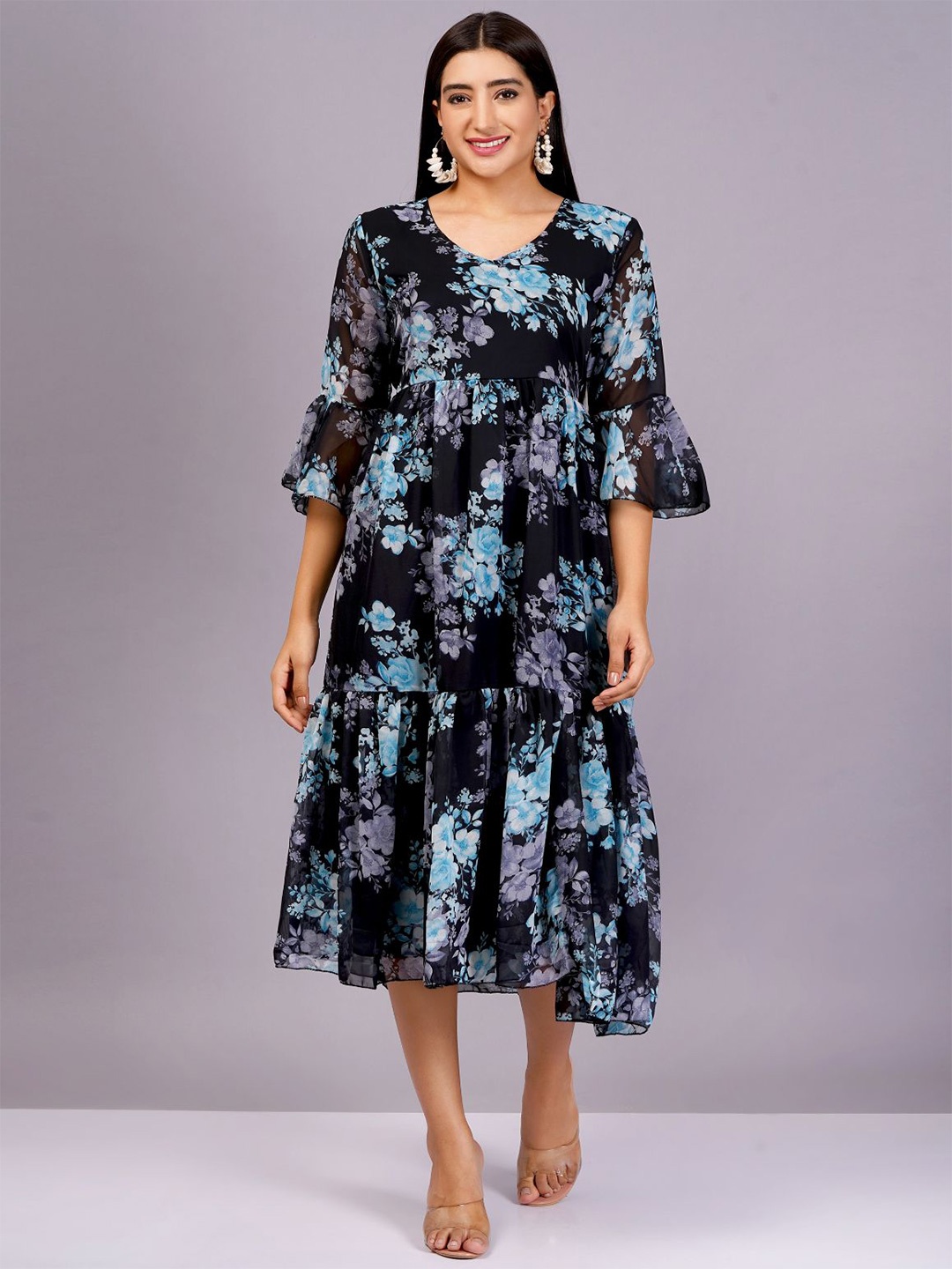

JC4U Floral Print Bell Sleeve Georgette Empire Midi Dress, Black