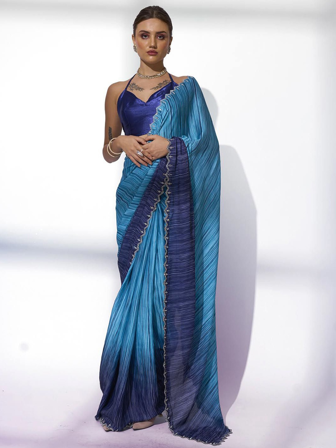 

Mitera Embellished Beads and Stones Satin Ready to Wear Saree, Navy blue