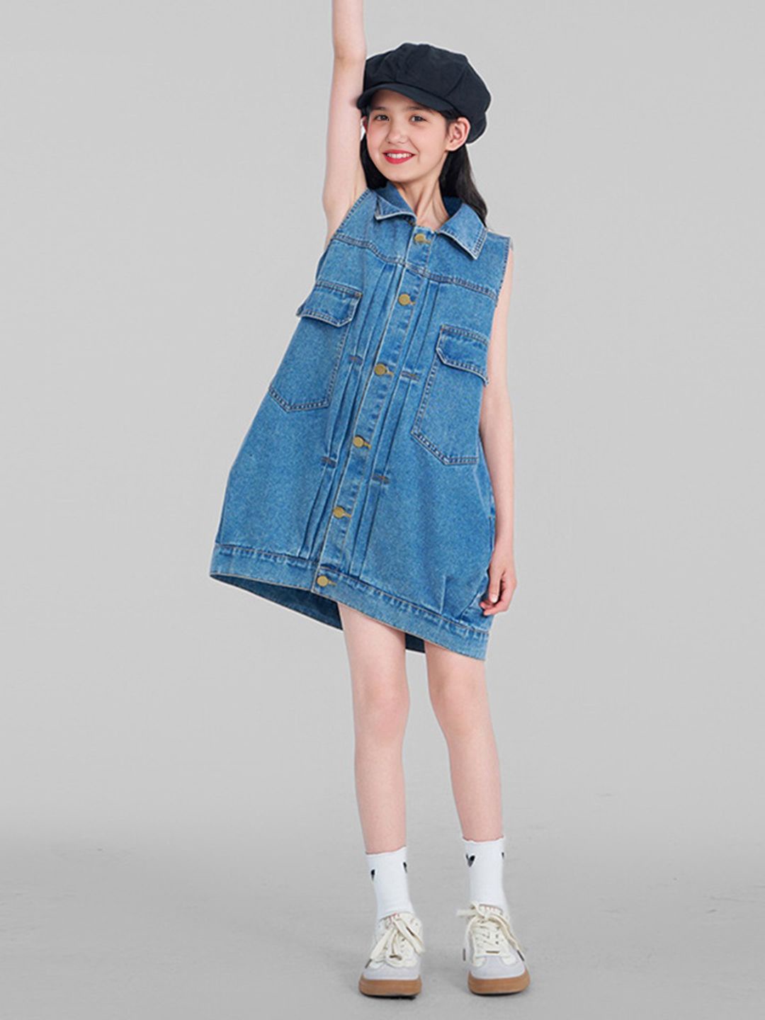 

INCLUD Shirt Collar Sleeveless Cotton Oversized Shirt Dress, Blue