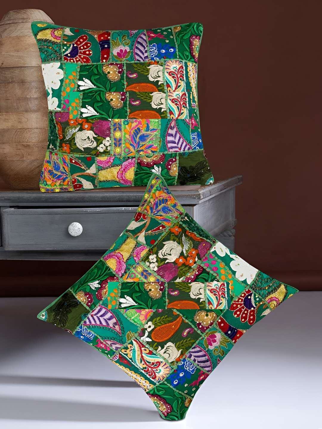 

E-Ezra Green & Red 2 Pieces Embroidered Patch Work Square Cushion Covers