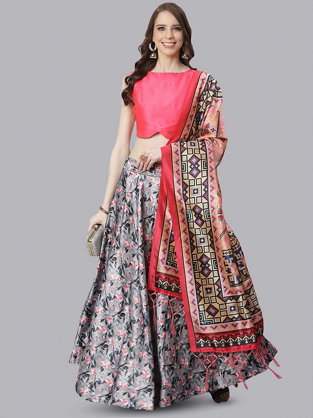 

Kaizen TEXO FAB Floral Printed Semi-Stitched Lehenga & Unstitched Blouse With Dupatta, Grey