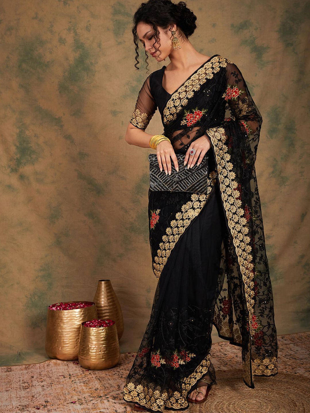 

SHADOW & SAINING Ethnic Motifs Embroidered Beads and Stones Net Saree, Black