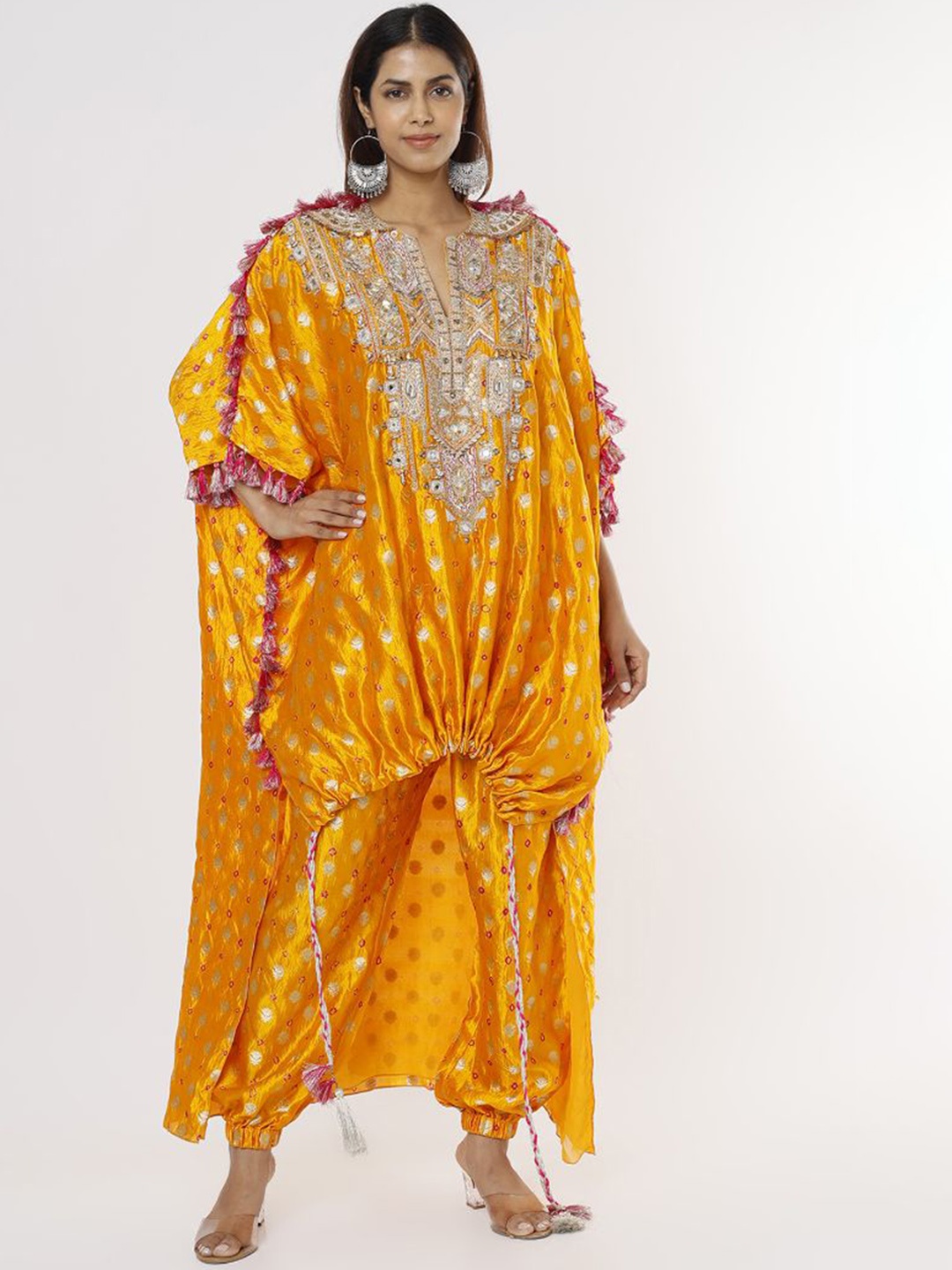 

Payal Singhal Bandhani Silk Embroidered Regular Kaftan Kurta with Pyjamas, Yellow