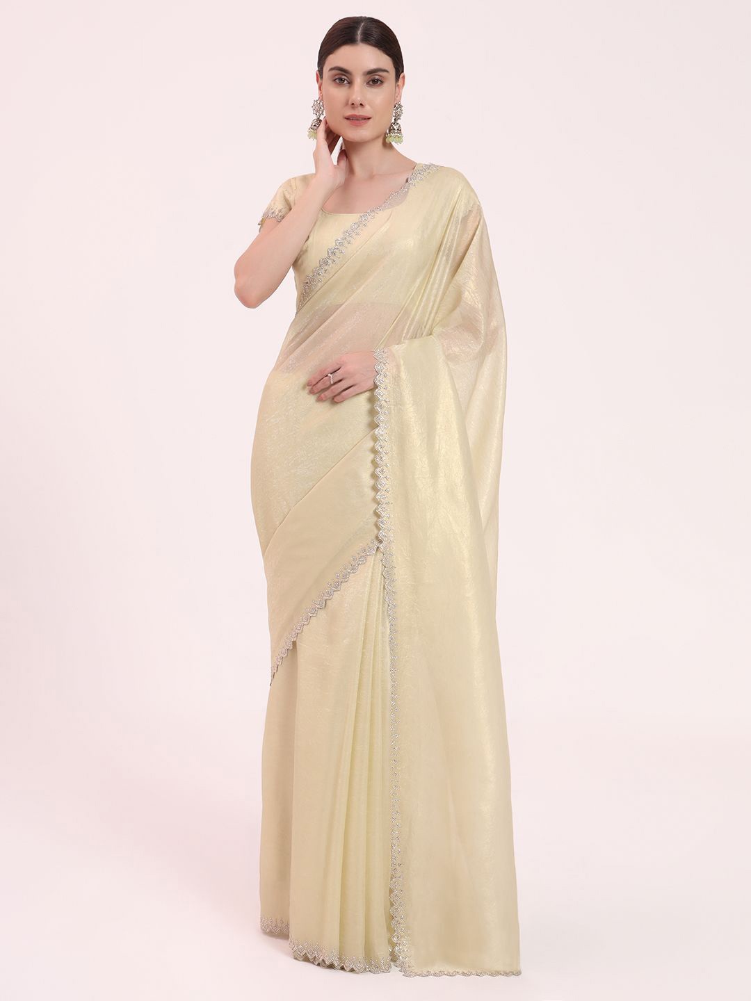 

FIORRA Organza Crushed Siroski Work Embellished Border Saree With Unstitched Blouse, Off white