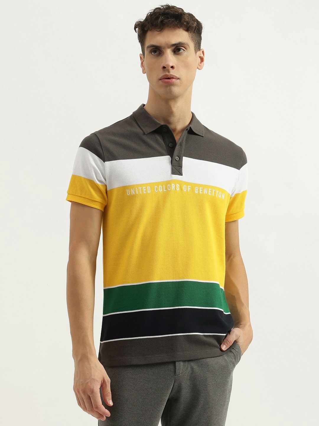 

United Colors of Benetton Men Colourblocked Polo Collar Pure Cotton T-Shirt, Yellow