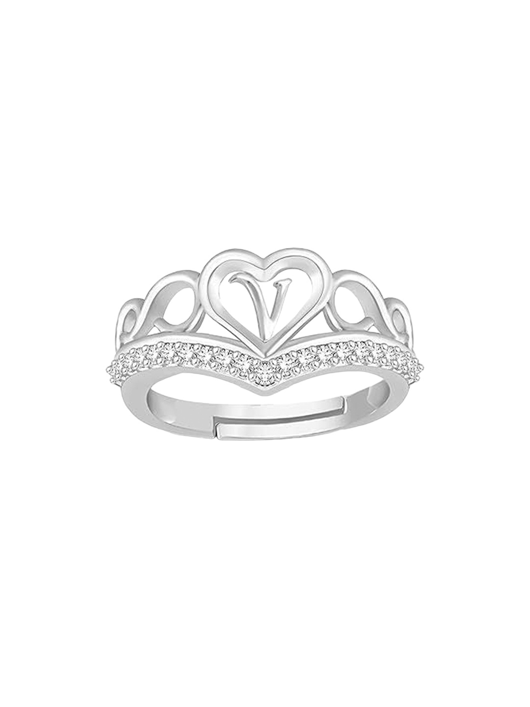 

Lila Silver-Plated Cubic Zirconia-Studded Heart Alphabet V Adjustable Finger Ring