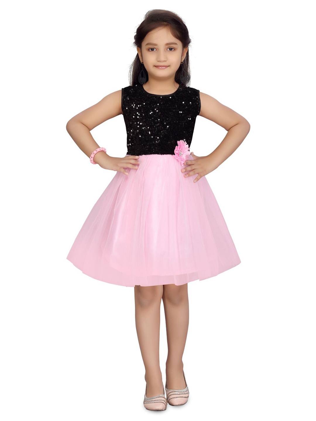 

BAESD Girls Sequined Embellished Colourblocked Net Fit & Flare Dress, Pink