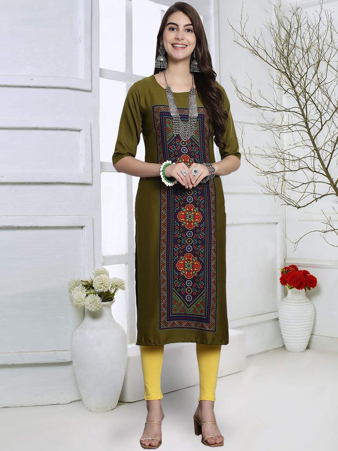 

7Threads Floral Printed Round Neck Straight Kurta, Olive