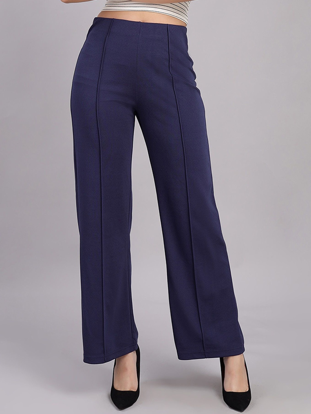 

VISO Women Regular Fit High-Rise Pleated Trousers, Navy blue