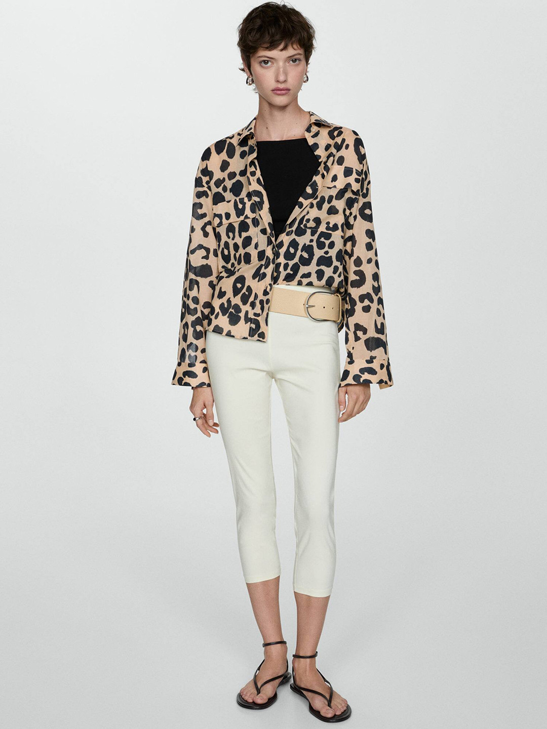 

MANGO Women Animal Printed Pure Cotton Casual Shirt, Beige