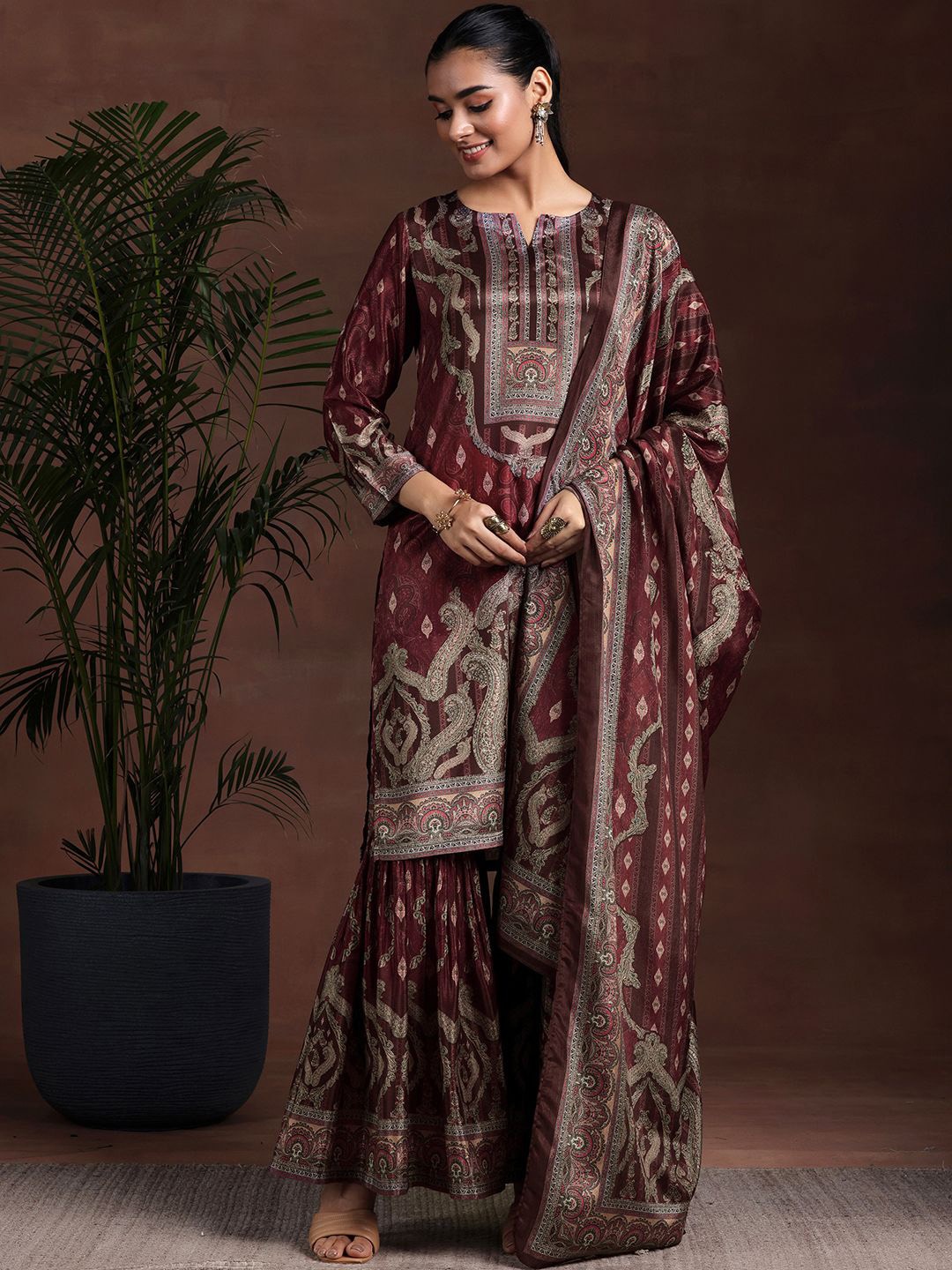 

Libas Ethnic Motifs Printed Straight Kurta with Sharara & Dupatta, Brown