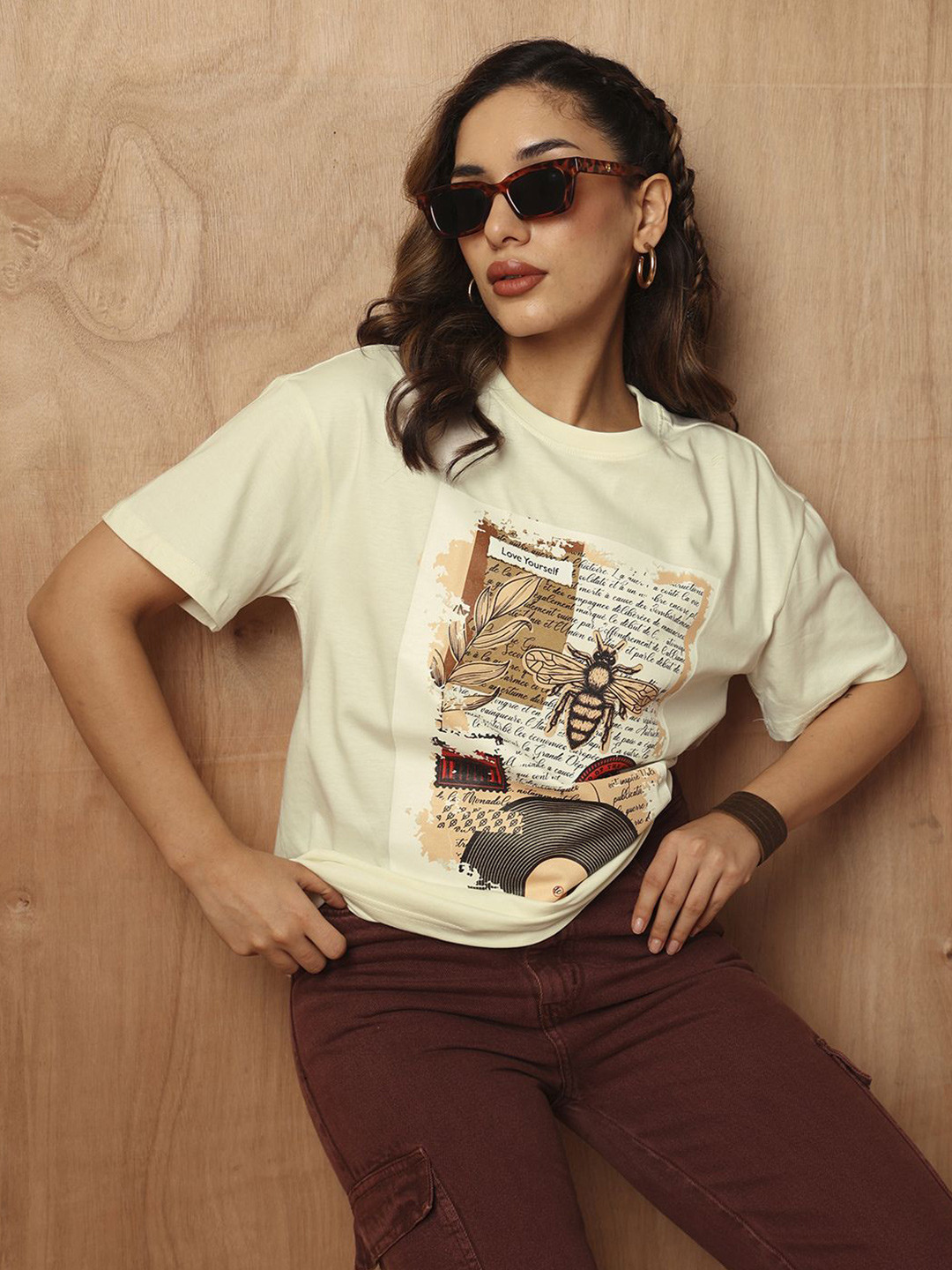 

The Roadster Lifestyle Co. Women Graphic Printed Round Neck Cotton Oversized T-Shirt, Off white