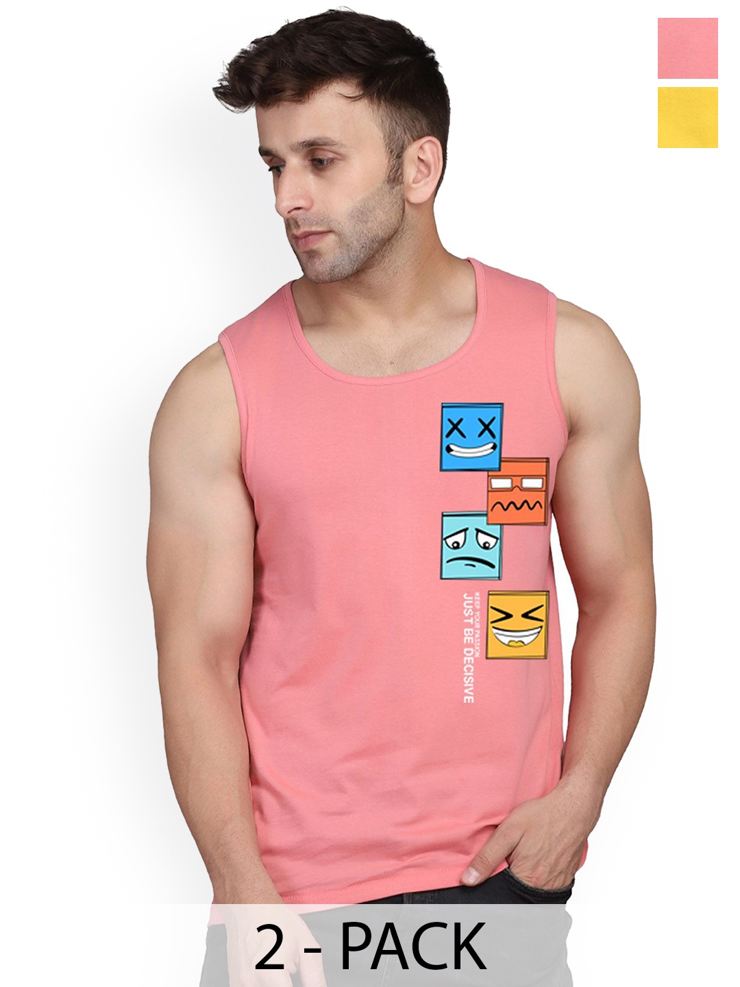 

SLOWLORIS Pack Of 2 Men Printed Innerwear Gym Vests, Yellow
