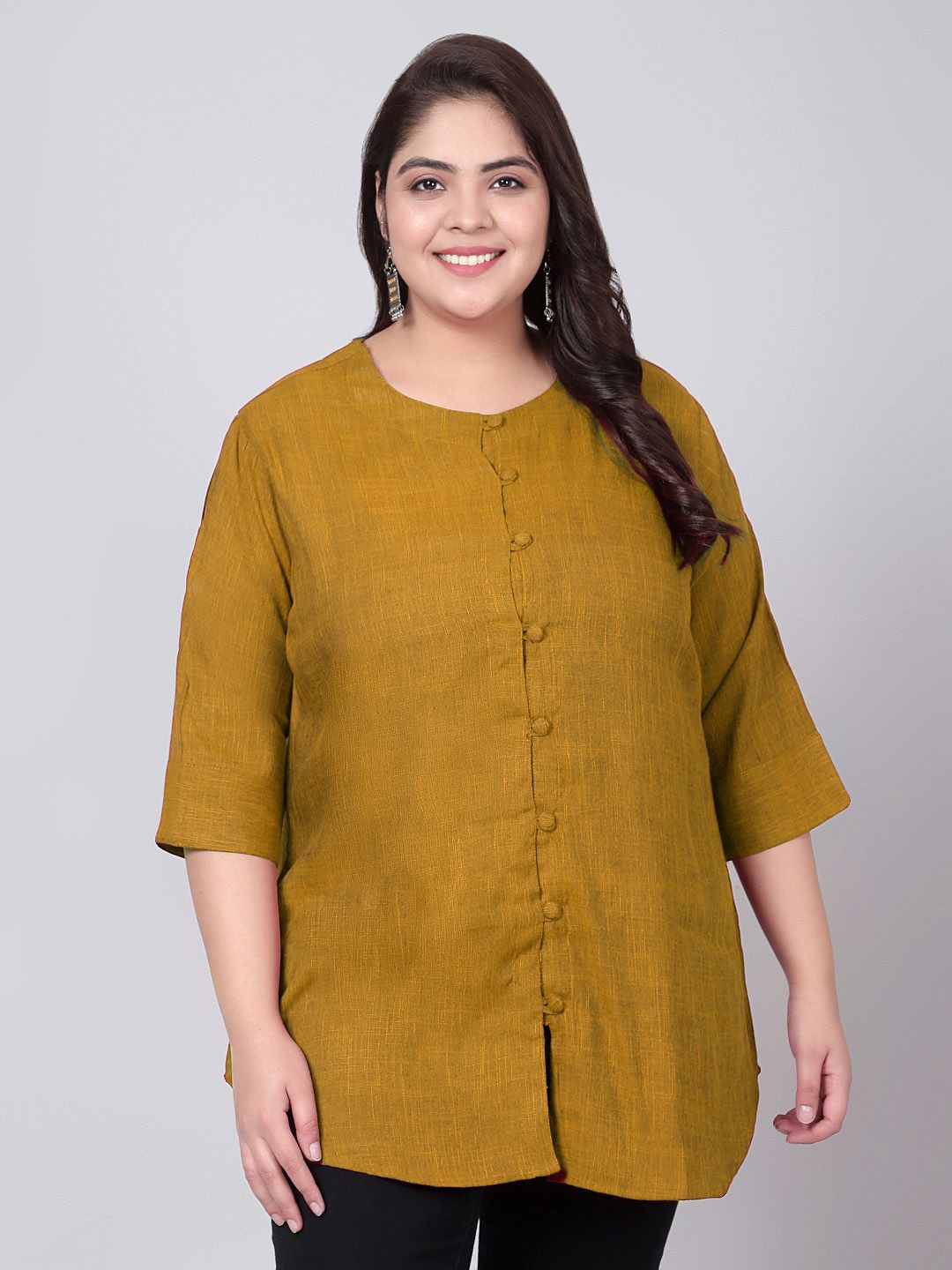

Indietoga Women Plus Size Solid Round Neck Cotton Top, Mustard