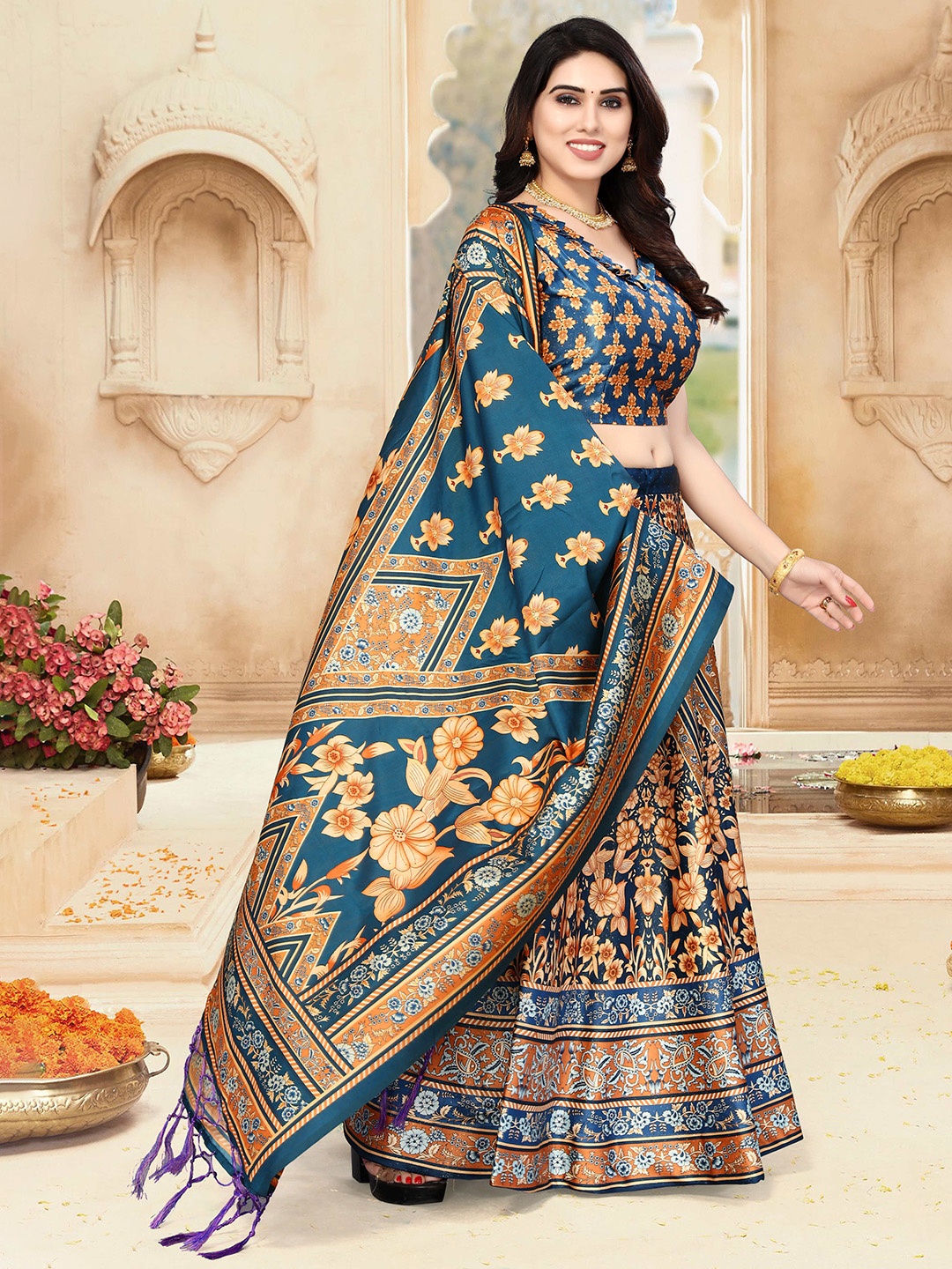 

Kaizen TEXO FAB Printed Semi-Stitched Lehenga & Unstitched Blouse With Dupatta, Turquoise blue