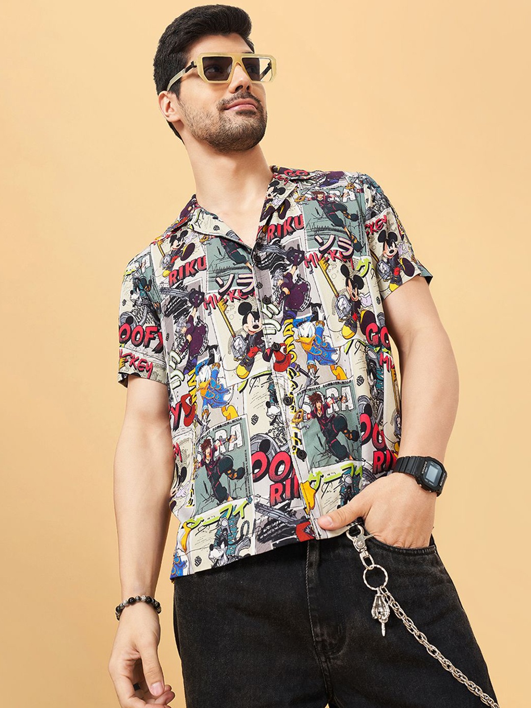 

People Men Cuban Collar Graphic Printed Slim Fit Casual Shirt, White