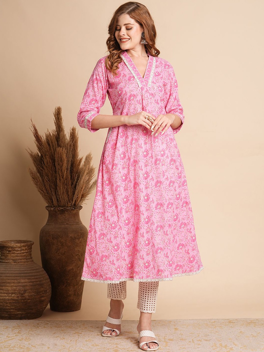 

FASHOR Floral Printed Chikankari Pure Cotton A-Line Kurta, Pink
