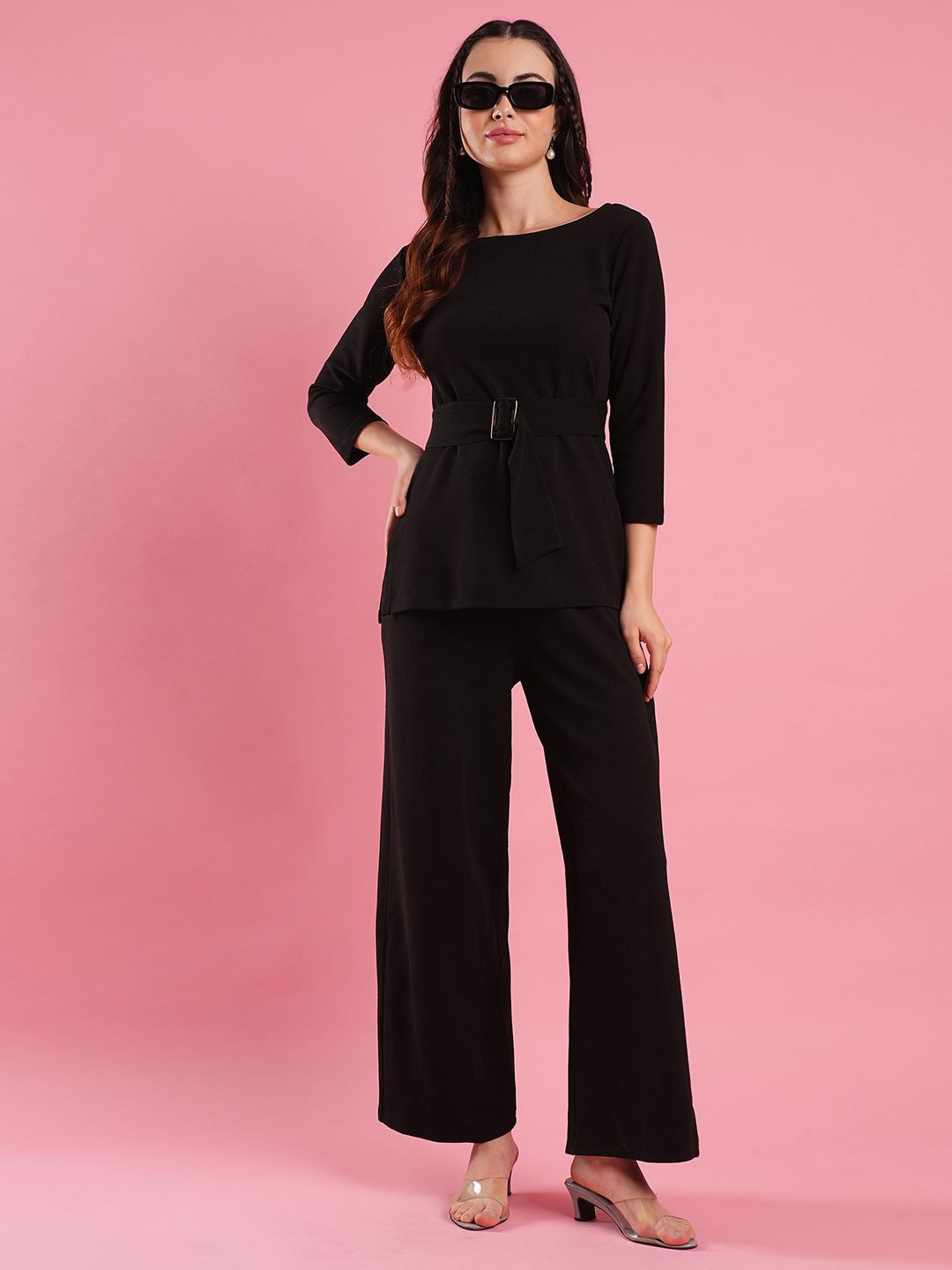 

Globus Boat Neck Buckle Waist Top With Trousers, Black