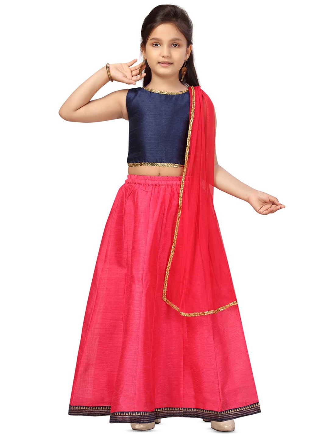 

BAESD Girls Sleeveless Ready to Wear Silk Lehenga & Blouse With Dupatta, Navy blue
