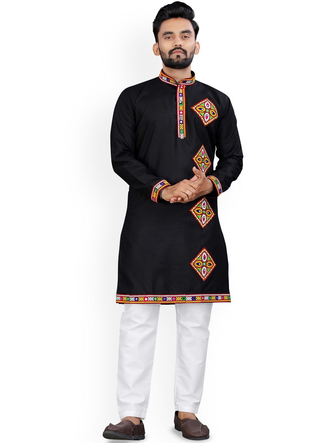 

trustous Embroidered Yoke Design Mirror Work Pure Cotton Straight Kurta With Pyjamas, Black