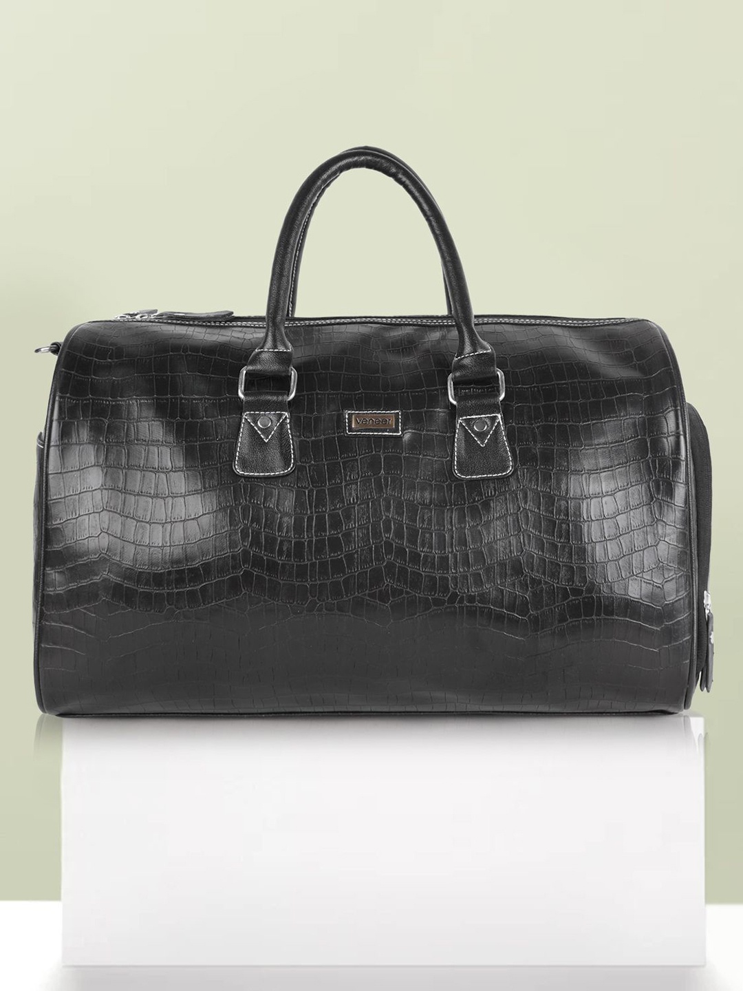 

Veneer Textured Medium Vegan Leather Duffel Bag, Black