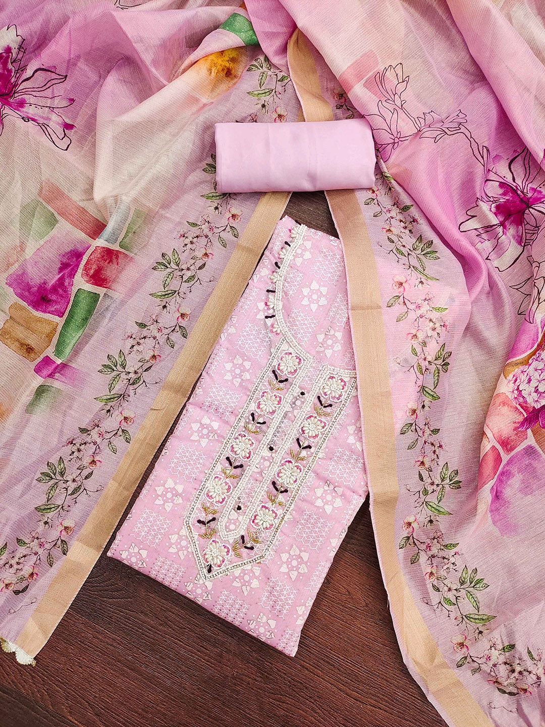 

KIMISHA Floral Printed Beads Unstitched Dress Material, Pink