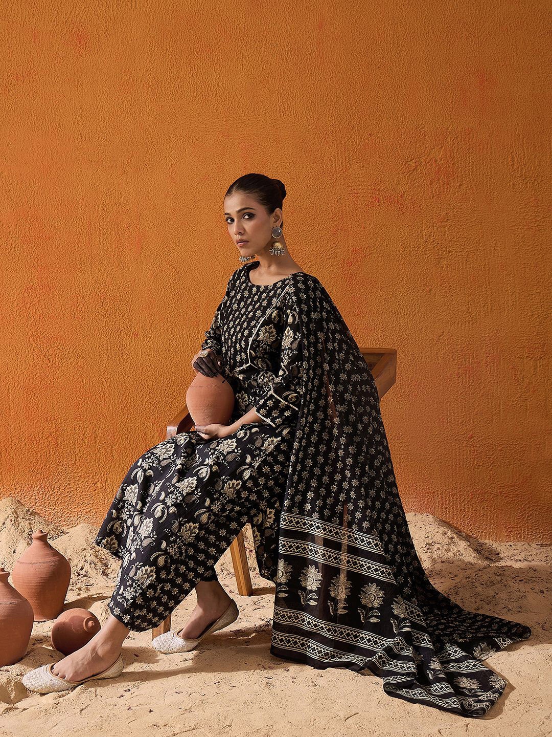 

Indo Era Black Floral Printed Gotta Patti Pure Cotton Kurta with Palazzo & Dupatta