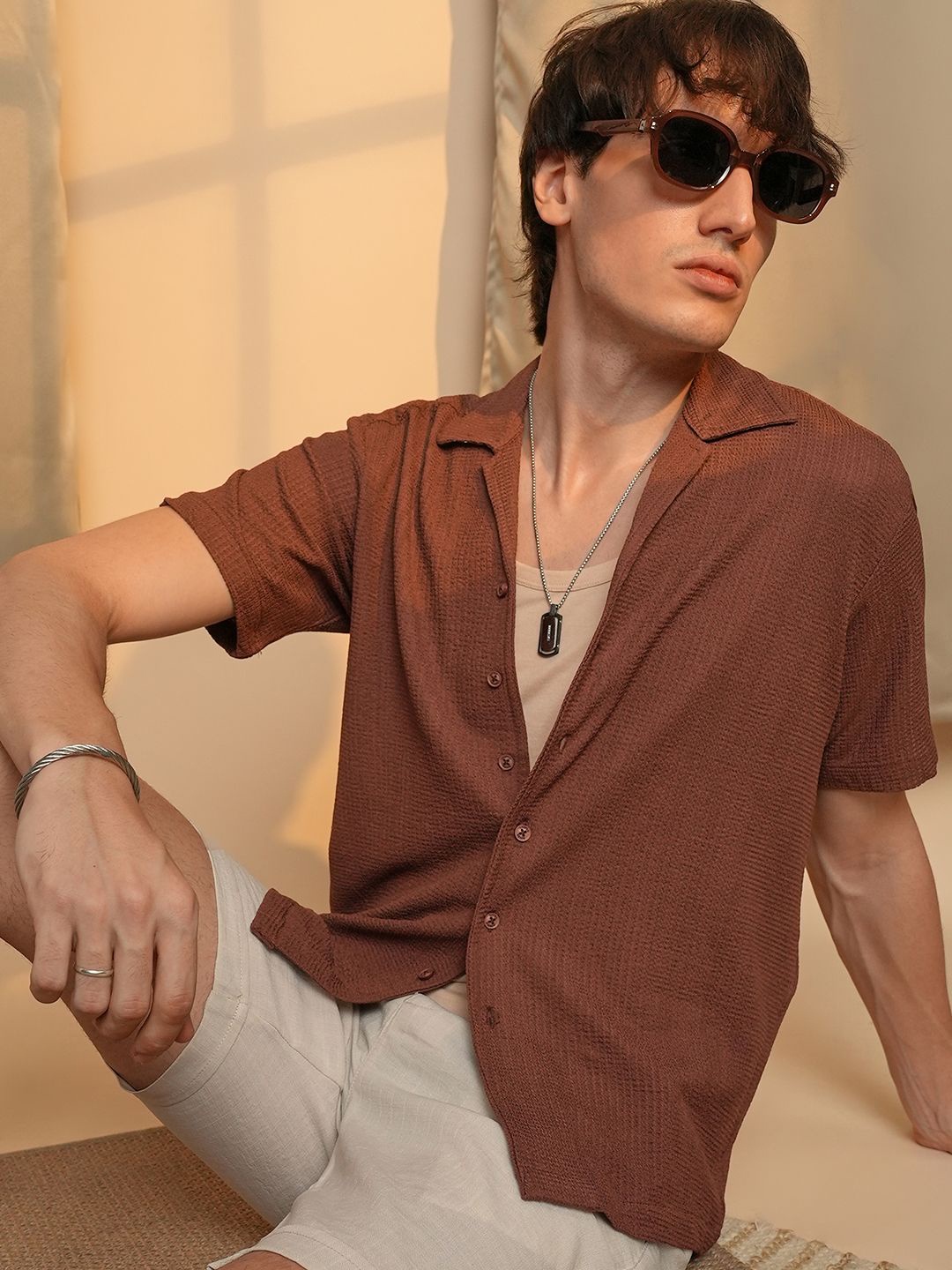 

Campus Sutra Men Comfort Cuban Collar Solid Polycotton Casual Shirt, Brown