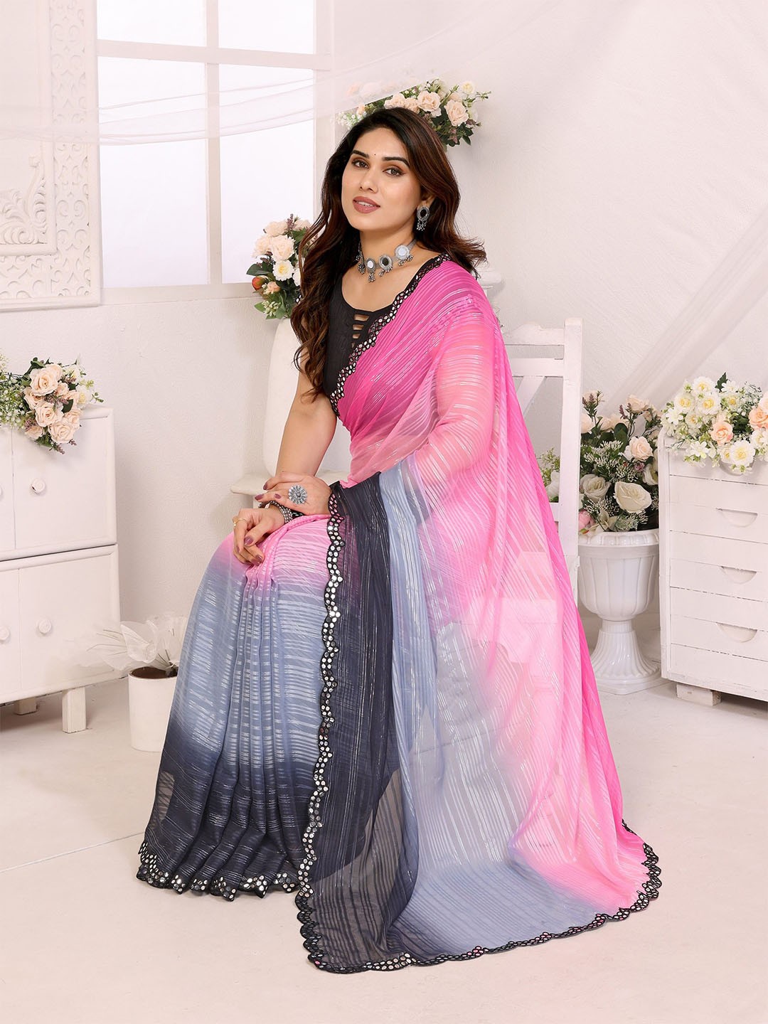 

The Textile Hub Embellished Striped Mirror Work Saree, Pink