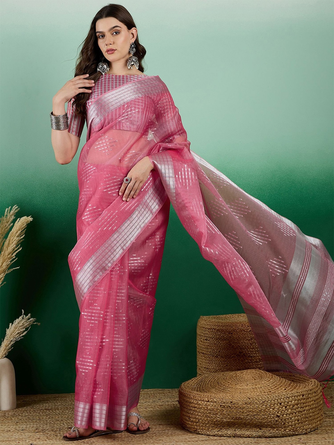 

SHADOW & SAINING Woven Design Zari Organza Banarasi Saree, Pink