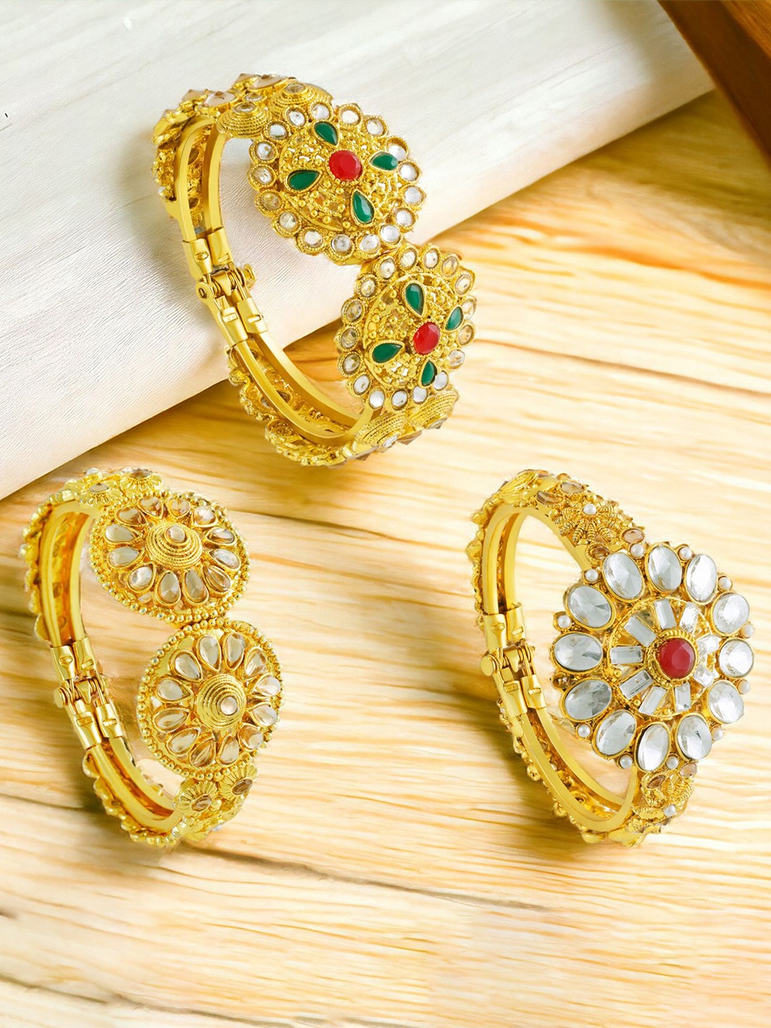 

Okos Set Of 3 Gold-Plated Kundan Studded Kada Bracelet