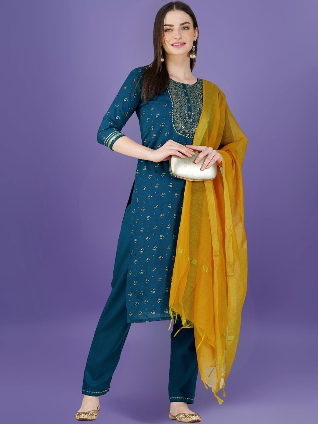

KAZIA Floral Printed Sequinned Straight Kurta With Trousers & Dupatta, Teal