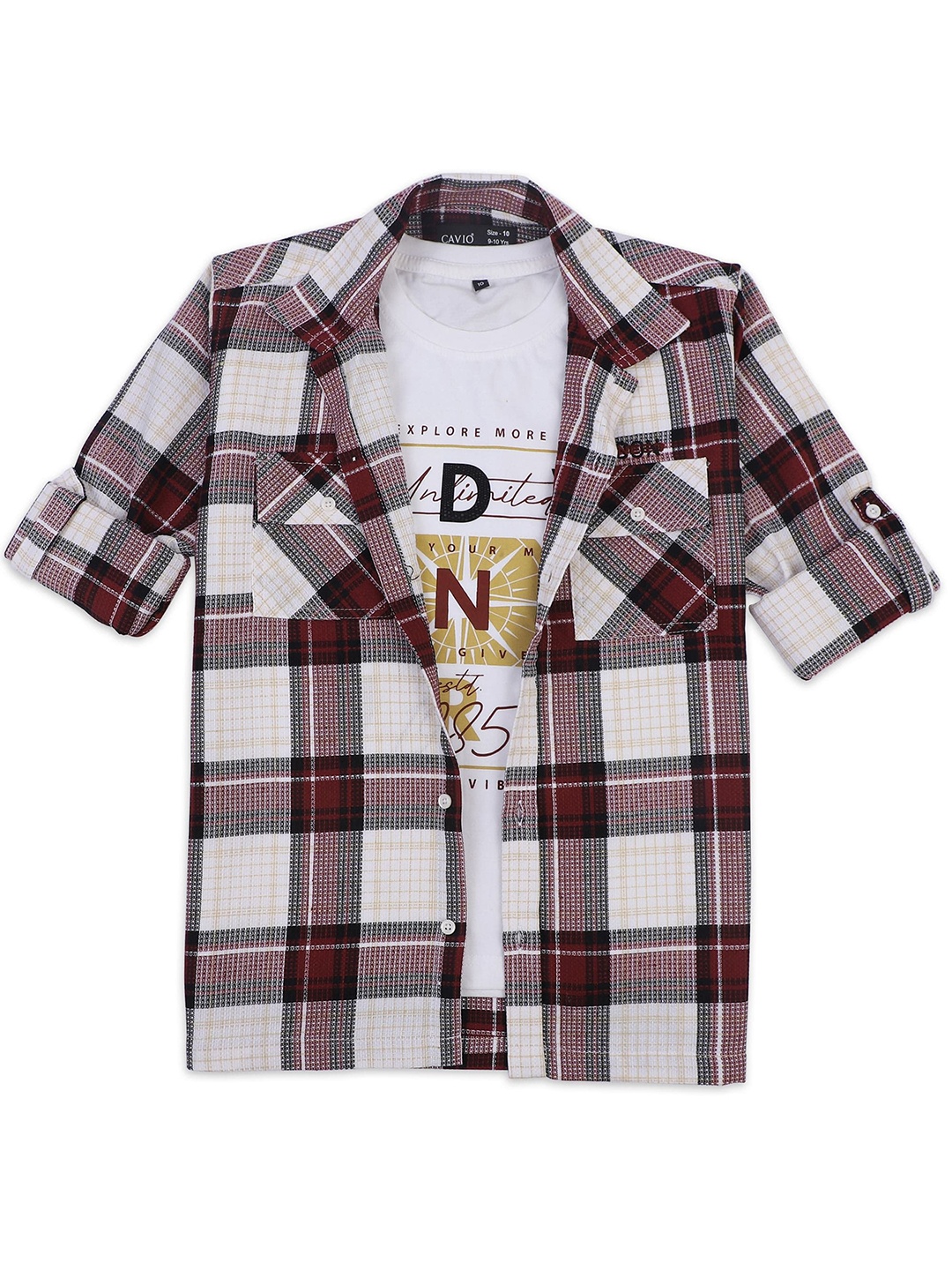 

CAVIO Boys Spread Collar Tartan Checked Cotton Casual Shirts & T-Shirt, Off white