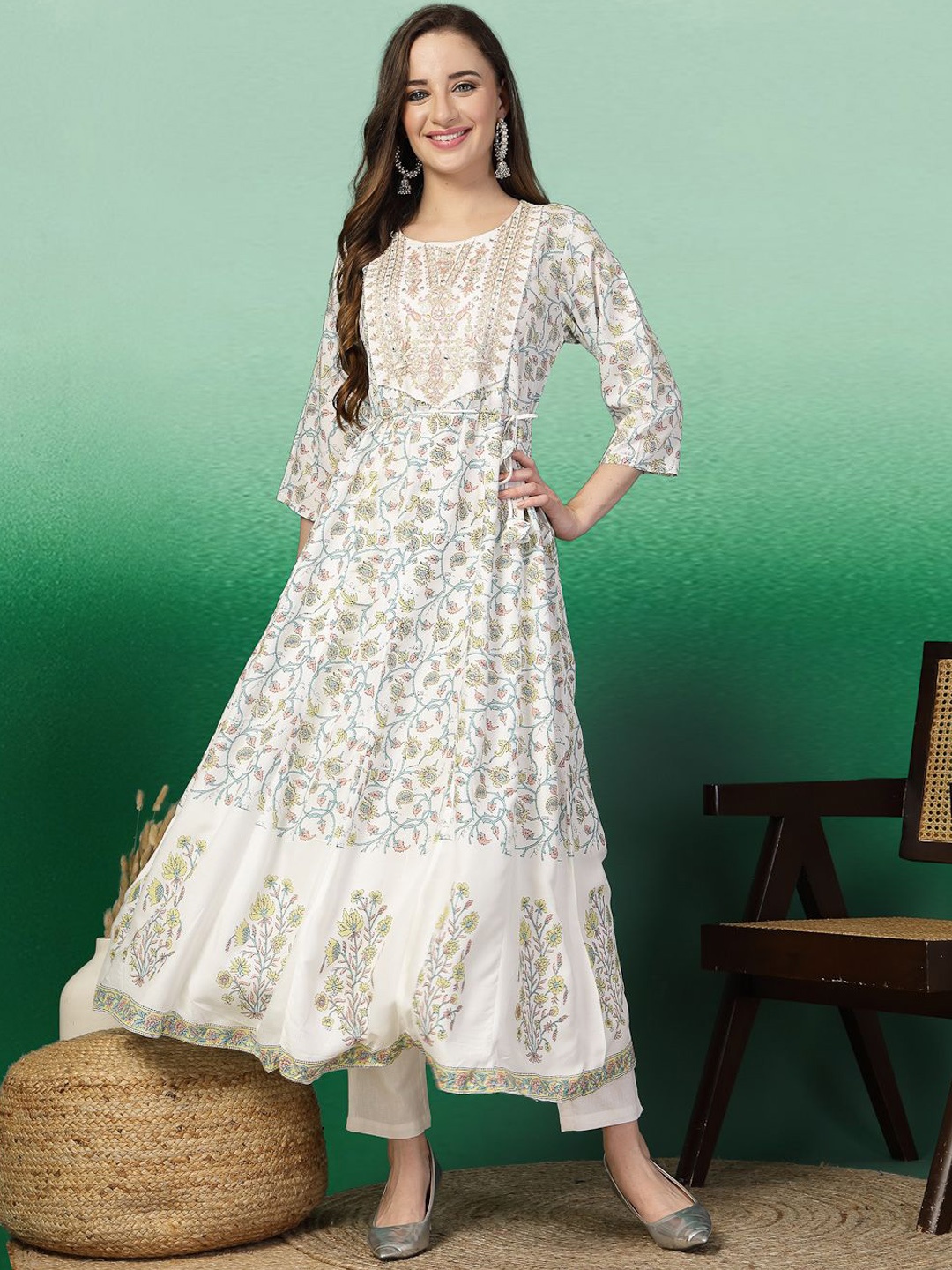 

Sangria Indie Floral Printed Mirror Work Anarkali Kurta, White