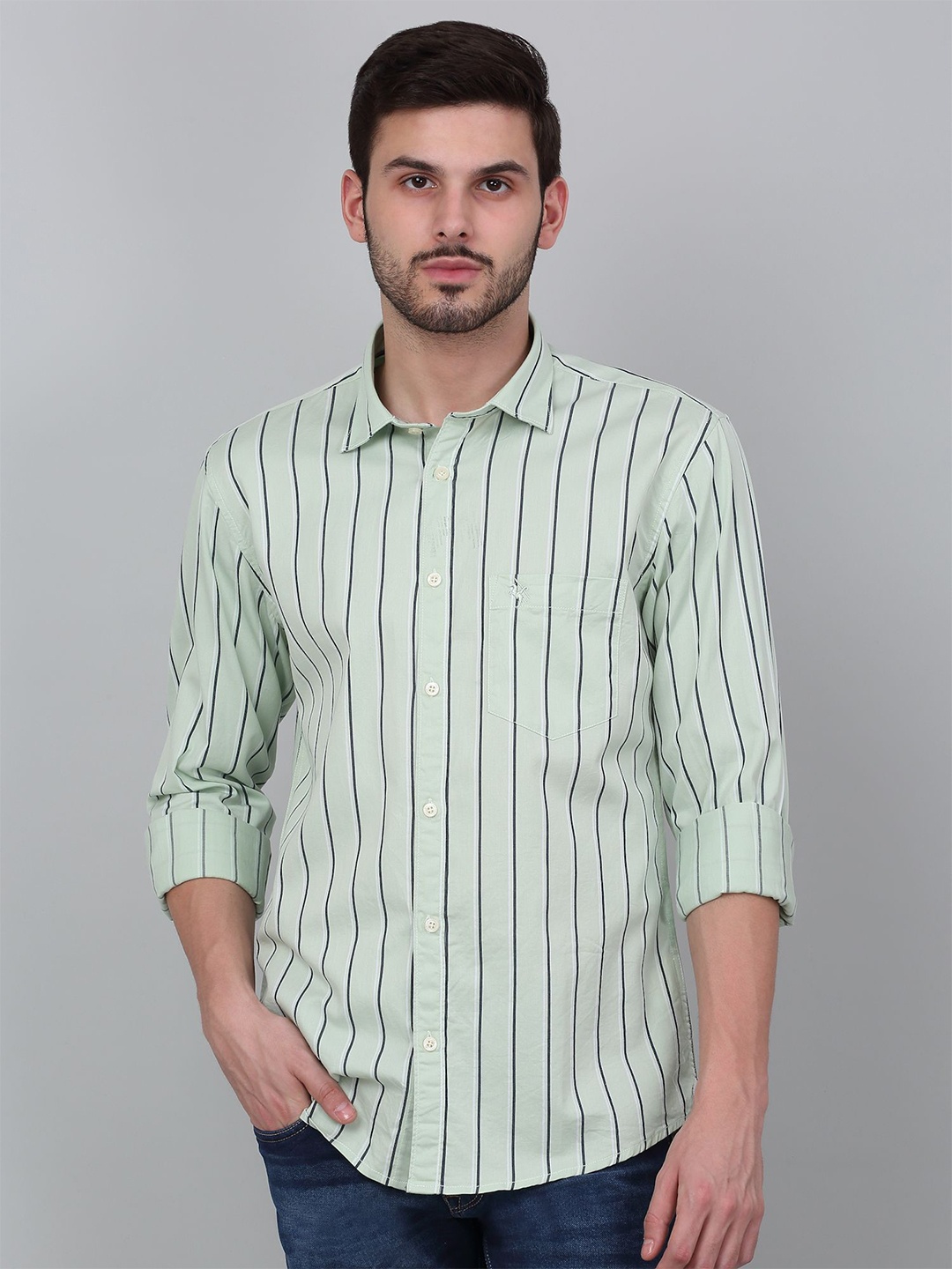 

Cantabil Men Spread Collar Striped Cotton Casual Shirt, Green