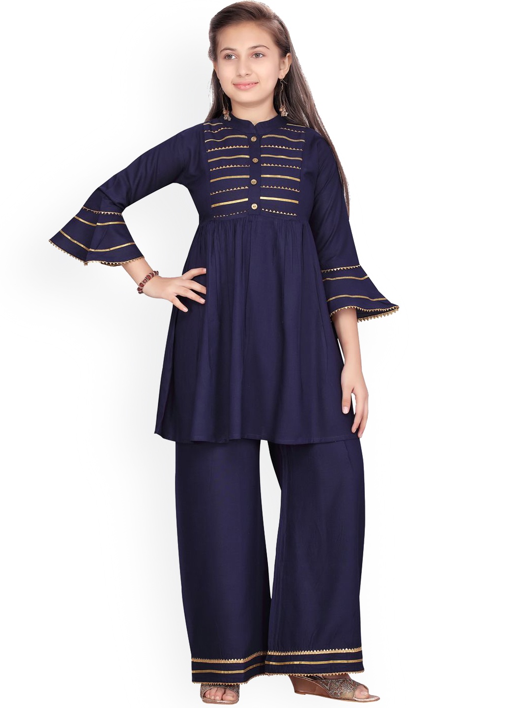 

BAESD Girls Bell Sleeves Gotta Patti Pure Cotton Anarkali Kurti & Palazzos & Dupatta, Navy blue