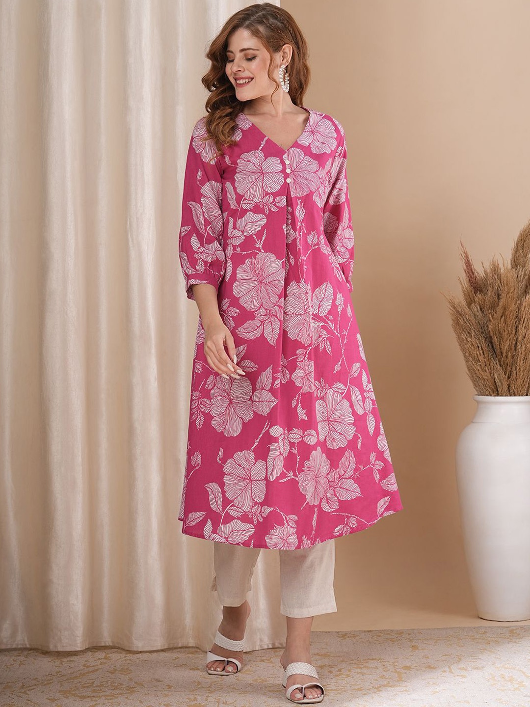 

FASHOR Floral Printed A-Line Pure Cotton Kurta with Trousers, Pink