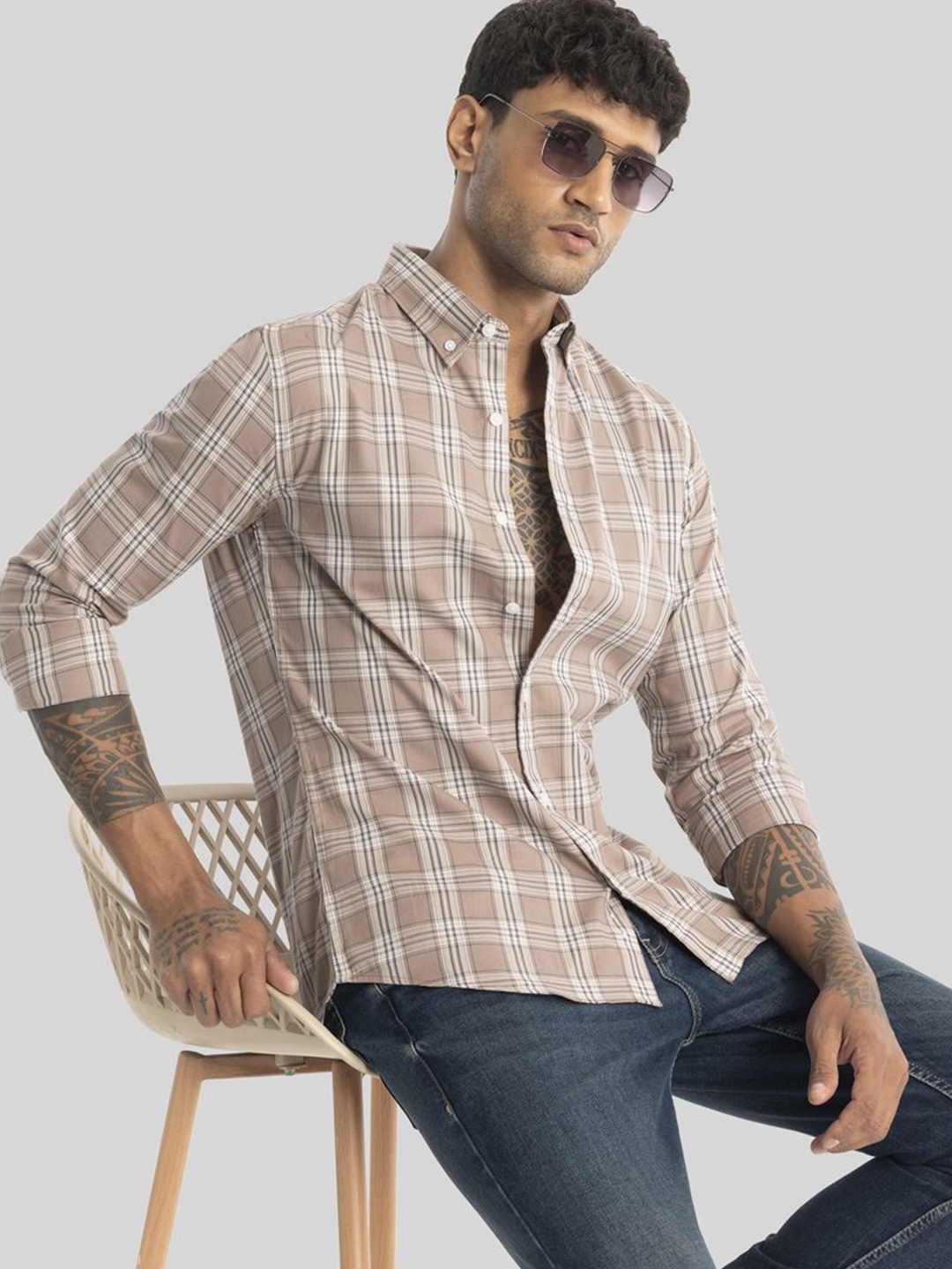 

Snitch Men Smart Slim Fit Pure Cotton Checked Casual Shirt, Brown