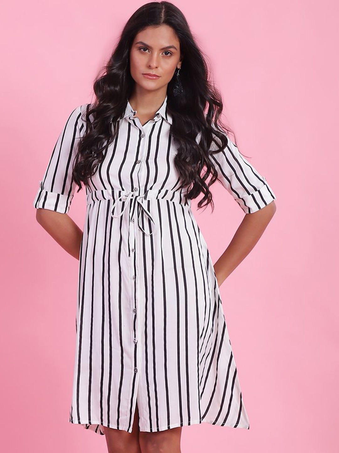 

DressBerry Striped Printed Roll-Up Sleeves Shirt Dress, White