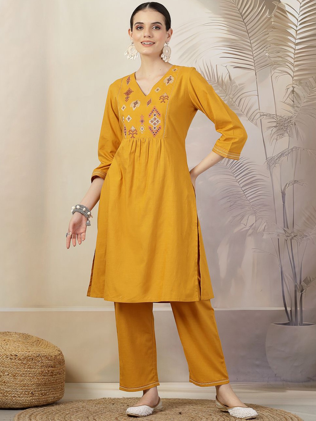 

Nayam By Lakshita Ethnic Motifs Yoke Design Cotton Linen Straight Kurta with Trousers, Mustard